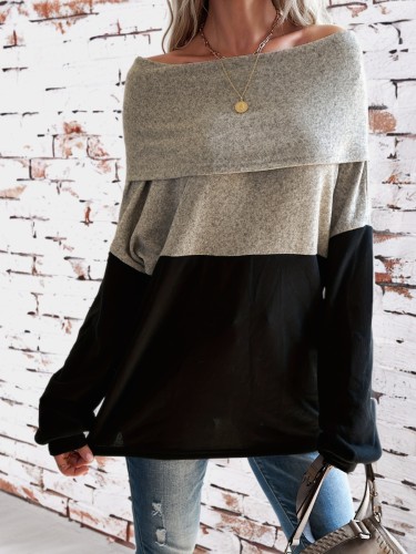 Color Block Cowl Collar Pullover Sweater, Casual Long Sleeve Loose Sweater, Women's Clothing