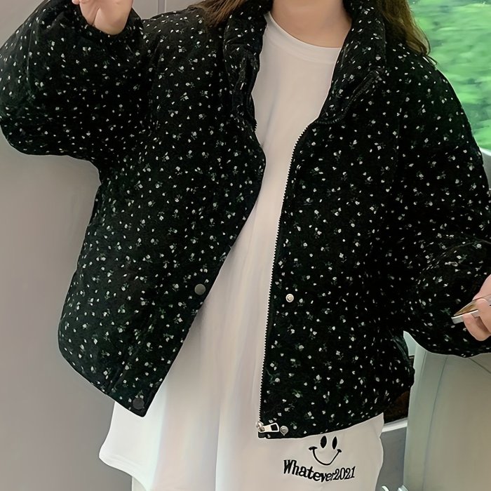 Elegant Floral Print High-Neck Crop Jacket for Women - Polyester, Machine Washable, Long Sleeve