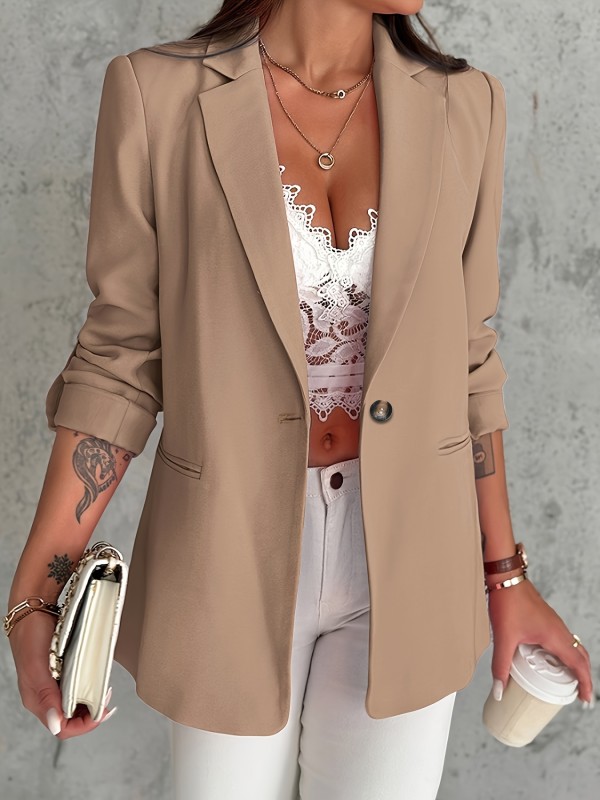 Elegant Women's Blazer with Single Button Closure, Long Sleeve Solid Color Suit Jacket with Pockets, H-Shape Polyester Woven Coat for Office and Business Casual Wear