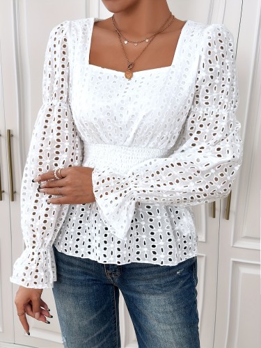 Charming Square Neck Eyelet Blouse - Long Sleeve, Figure-Flattering Cinched Waist - Perfect for Spring to Fall - Womens Transseasonal Top