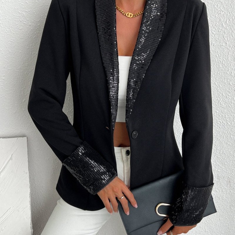 Sequined Button Front Shawl Lapel Blazer, Elegant Long Sleeve Tunic Blazer For Office & Work, Women's Clothing