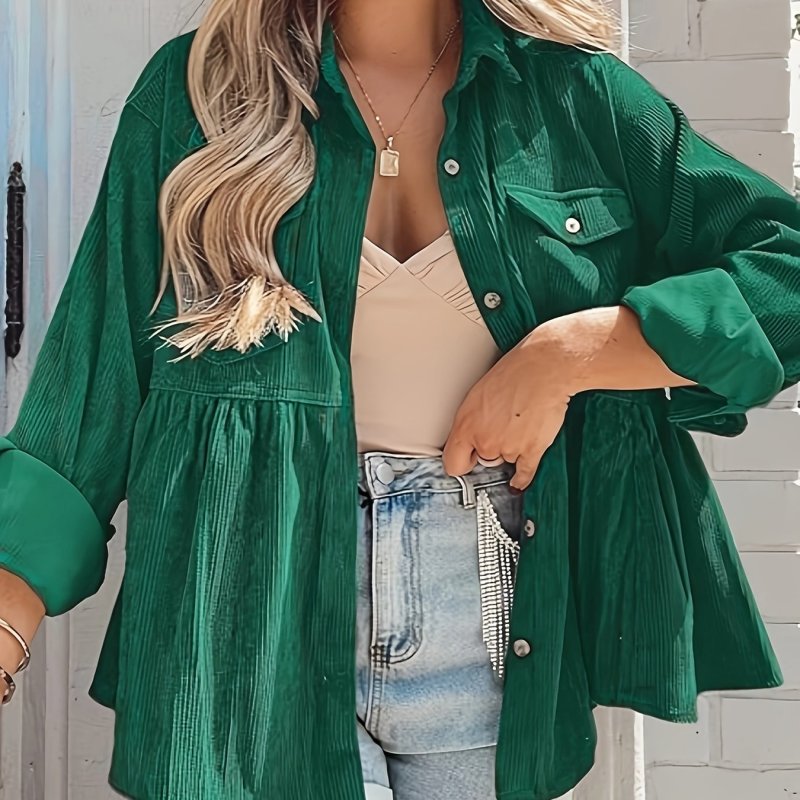 Solid Color Button Up Shirt, Casual Long Sleeve Ruffle Hem Shirt For Spring & Fall, Women's Clothing