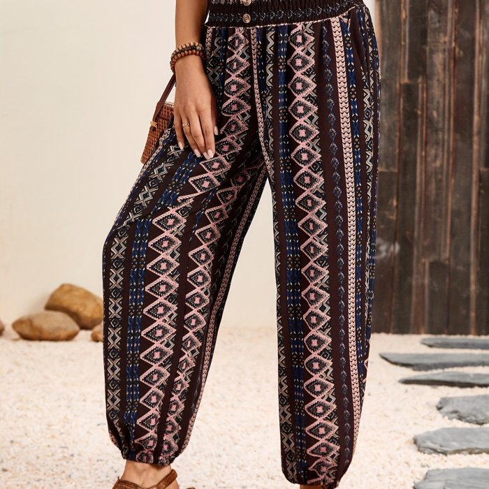 Spring\u002FSummer Chic: Boho Chic Shirred-Waist Tribal Joggers for Women - Comfortable, Durable & Easy Maintenance
