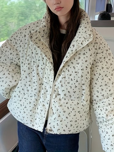Elegant Floral Print High-Neck Crop Jacket for Women - Polyester, Machine Washable, Long Sleeve