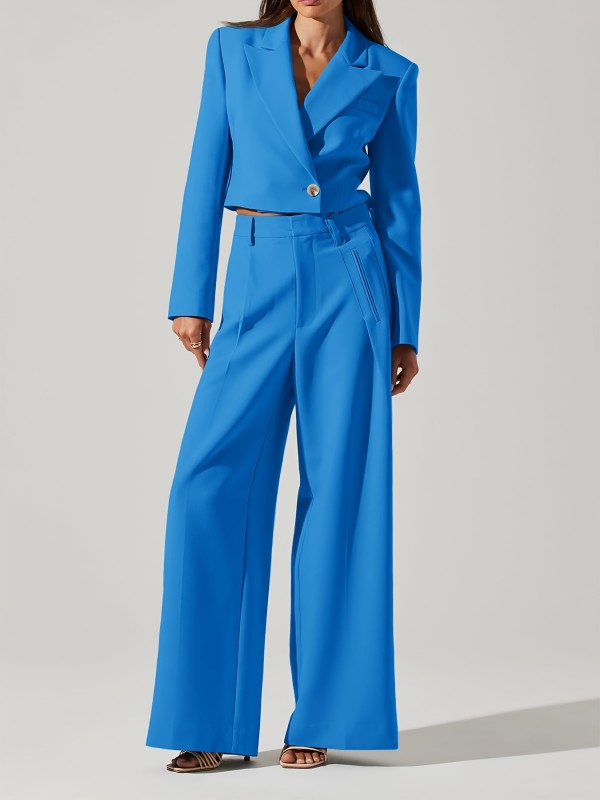 Womens Cropped Blazer 2 Piece Outfits Business Casual Blazer Jacket And Wide Leg Work Pants Suit Sets