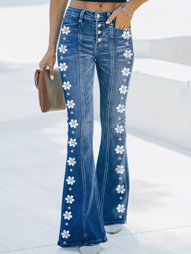Floral Chic Plus Size Y2K Jeans - Women's High Rise Flared Leg High Stretch Jeans with Button Fly and Daisy Print - Comfortable and Stylish Denim for Curvy Figures