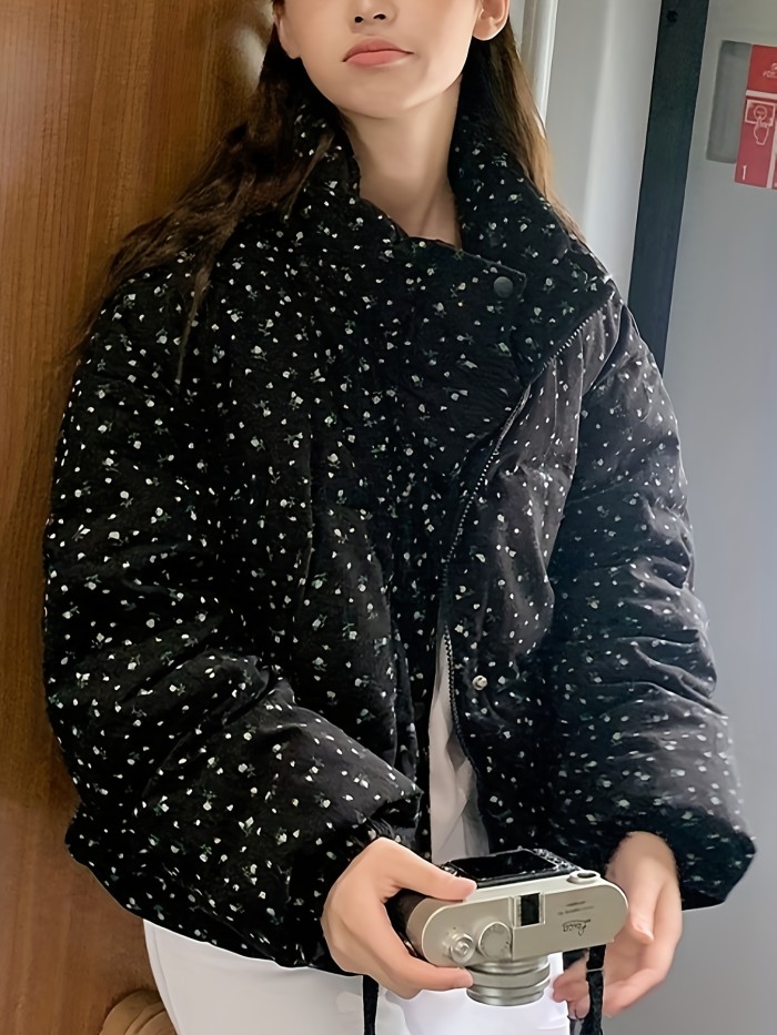 Elegant Floral Print High-Neck Crop Jacket for Women - Polyester, Machine Washable, Long Sleeve