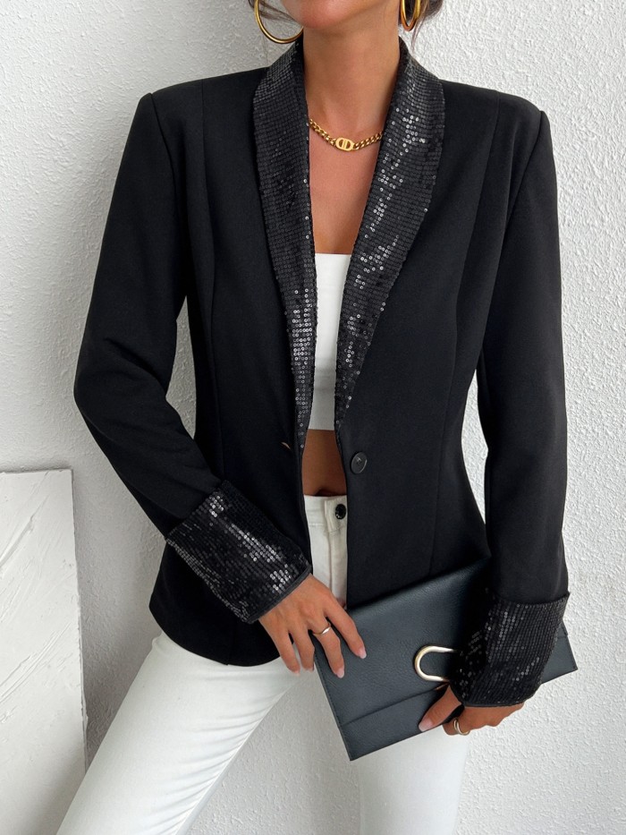 Sequined Button Front Shawl Lapel Blazer, Elegant Long Sleeve Tunic Blazer For Office & Work, Women's Clothing