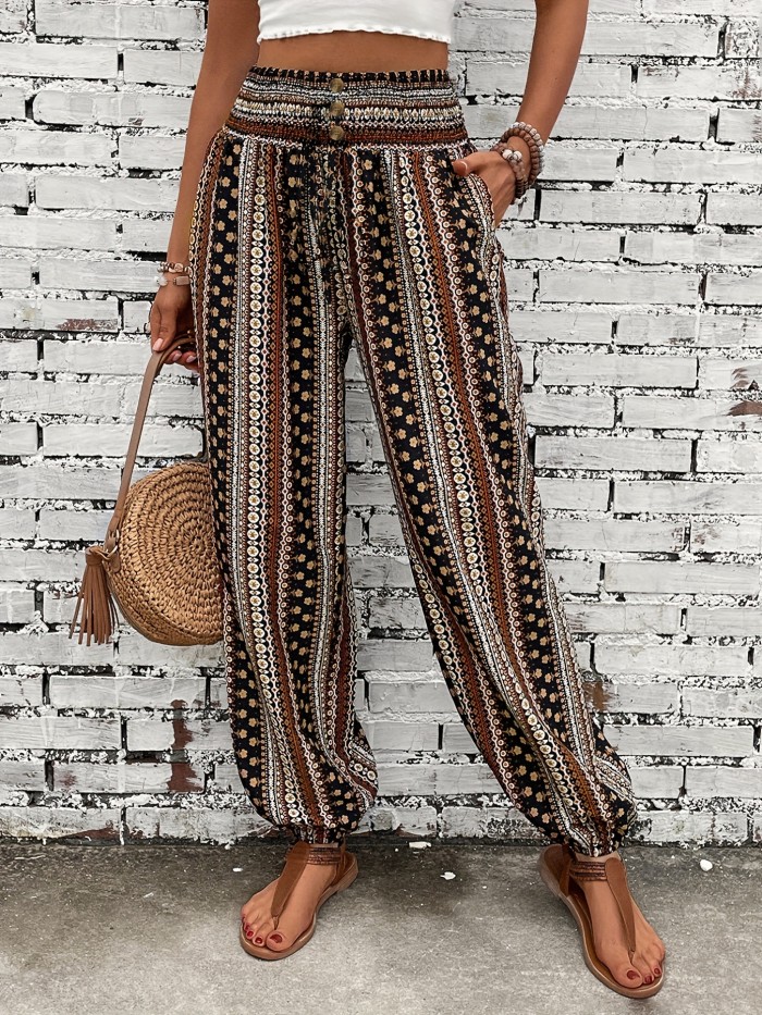 Spring\u002FSummer Chic: Boho Chic Shirred-Waist Tribal Joggers for Women - Comfortable, Durable & Easy Maintenance