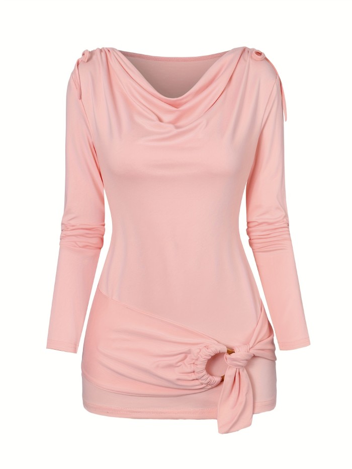 Stylish Ruched Cowl Neck Top - Women's Elegant Long Sleeve Drawstring T-Shirts for Spring & Fall - Chic Ring Decor, Flattering Fit