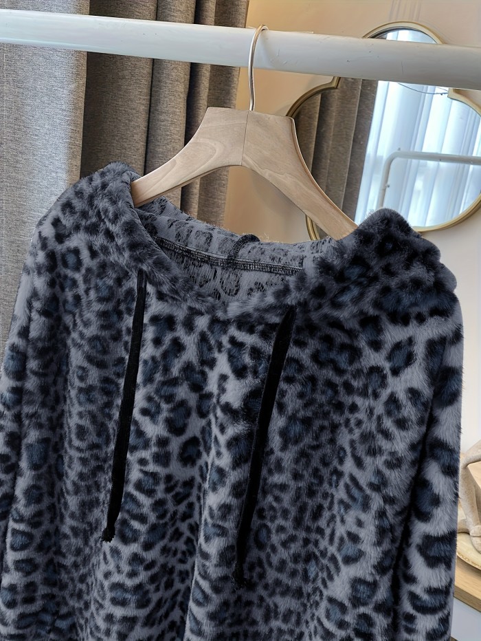 Cozy Plus Size Leopard Print Drawstring Hoodie - Soft Fuzzy Long Sleeve Sweatshirt for Fall & Winter, Casual Women's Clothing with Relaxed Fit, Warm & Comfortable Fabric, and Stylish Animal Print Design