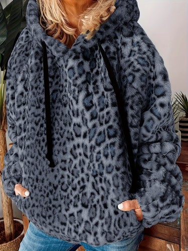 Cozy Plus Size Leopard Print Drawstring Hoodie - Soft Fuzzy Long Sleeve Sweatshirt for Fall & Winter, Casual Women's Clothing with Relaxed Fit, Warm & Comfortable Fabric, and Stylish Animal Print Design