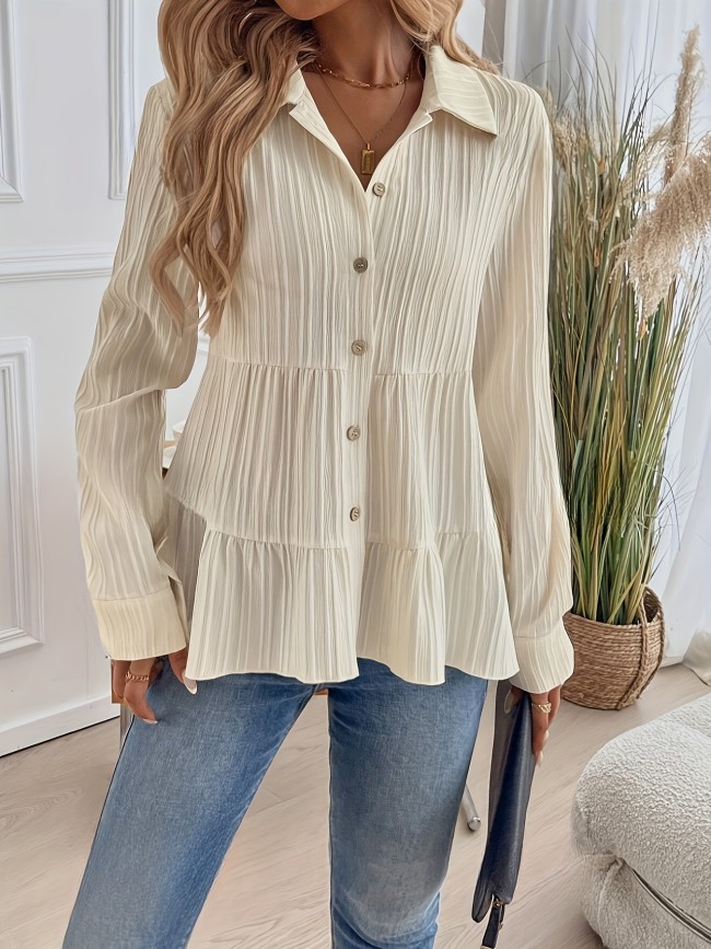 Women'S Casual Solid Color Long Sleeve Button-Down Lapel Blouse, 100% Polyester Woven Fabric, Versatile Pleated Shirt for Spring\u002FFall