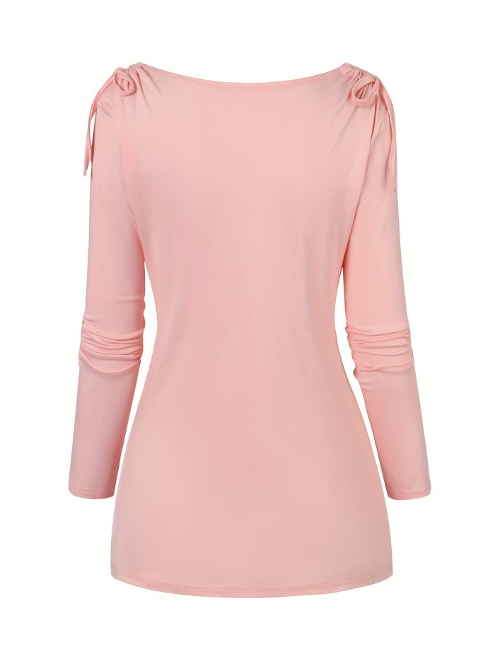 Stylish Ruched Cowl Neck Top - Women's Elegant Long Sleeve Drawstring T-Shirts for Spring & Fall - Chic Ring Decor, Flattering Fit