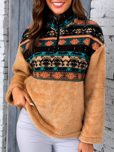 Women's Plush Pullover Hoodie With Tribal Pattern, Casual Autumn & Winter Geometric Print Sweatshirt With Zipper