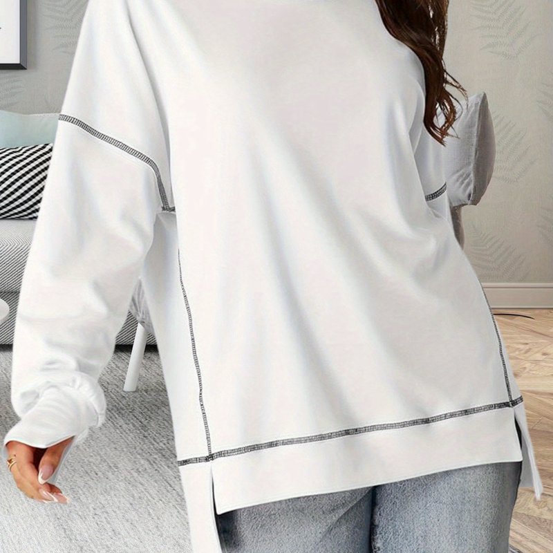 Women's Casual Round Neck Sweatshirt, Autumn Fashionable Long Sleeved Side Opening Pullover
