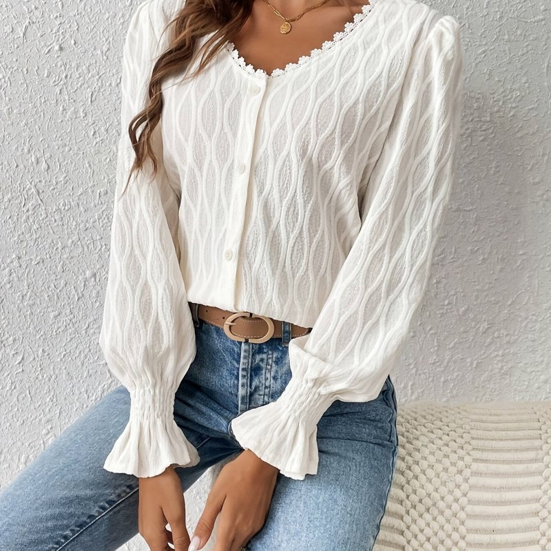 Women's Elegant French Lace Trimmed Blouse, Polyester, Solid Color, Round Neck, Ruffle Hem, Spring\u002FAutumn Fashion Top, Adult Size, Woven Fabric