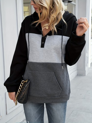 Vibrant Color Block Kangaroo Pocket Hoodie - Soft, Casual Long Sleeve Drawstring Sweatshirt with Relaxed Fit - Women's Comfortable Daily Wear Clothing