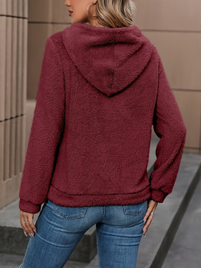 Cozy Women's Solid Color Casual Long Sleeve Drawstring Hoodie Sweatshirt, Soft and Comfortable Teddy Hoodie for Daily Wear