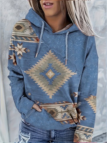 Women's Vintage-Inspired Aztec Print Hoodie - Casual Pullover with Drawstring, Long Sleeve, Kangaroo Pocket | Soft Polyester Blend, Machine Washable