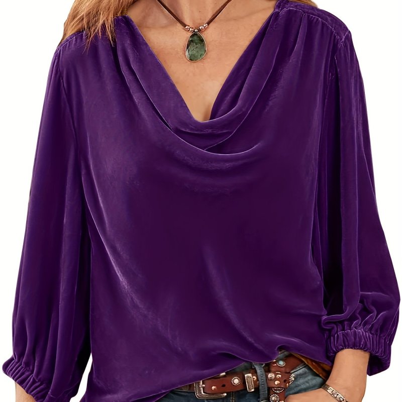 Plus Size Velvet Cowl Neck Top - Soft Slight Stretch Polyester Long Sleeve Casual Wear for Fall\u002FWinter - Comfortable Knit Fabric, No Sheer, No Printing