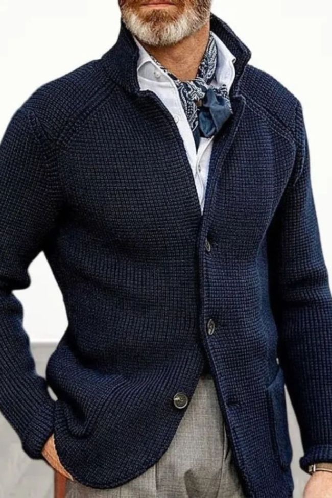 Stand Collar Knitted Coat Long Sleeve  Solid Color Thick Warm Casual Men's Outerwear