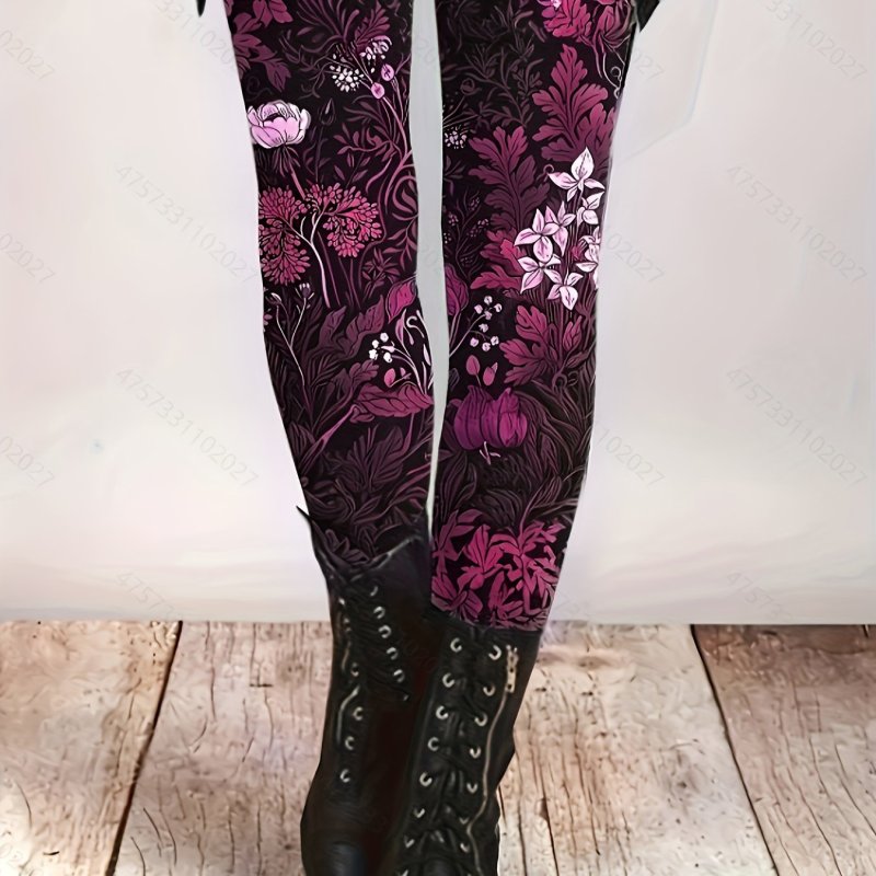 Floral Print Jersey Fabric Tights - Casual Elastic Waistband, All-Season Polyester Leggings for Women
