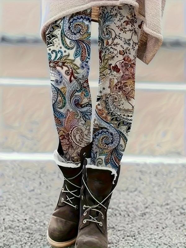 Women's Plus Size Paisley Print Stretchy Leggings - Comfortable & Casual, High-Waist, Machine Washable