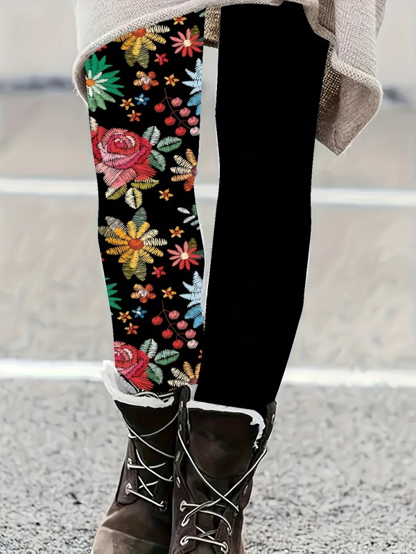 Women's Plus Size Floral Print Stretch Tights - High-Waisted, Comfort Fit, Fashionable Casual, Machine Washable Polyester Spandex Blend, All-Season Middle Length