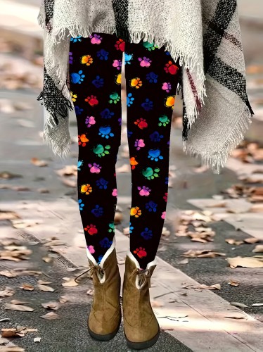 Women's Plus Size Full Length Leggings with Colorful Paw Print Pattern, High Elastic Knit Fabric, All-Season Comfort, Machine Washable - Casual Style, Animal Print, Polyester Material