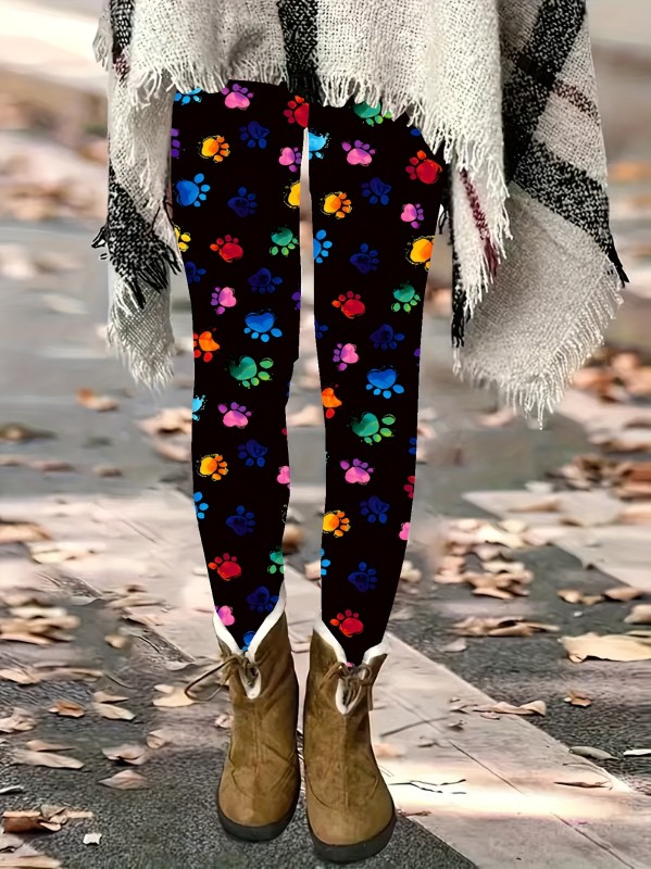 Women's Plus Size Full Length Leggings with Colorful Paw Print Pattern, High Elastic Knit Fabric, All-Season Comfort, Machine Washable - Casual Style, Animal Print, Polyester Material