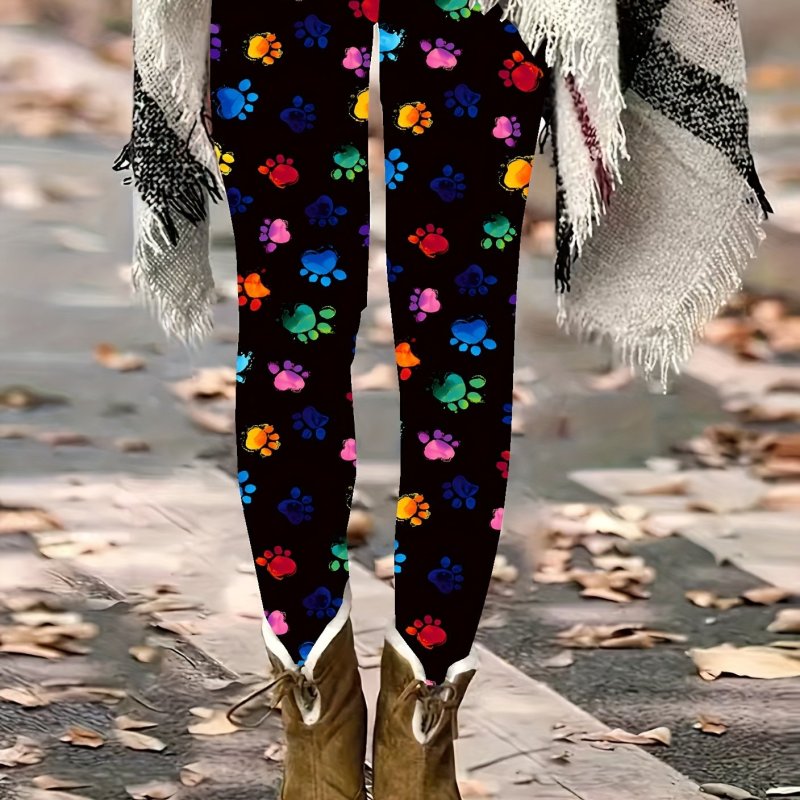 Women's Plus Size Full Length Leggings with Colorful Paw Print Pattern, High Elastic Knit Fabric, All-Season Comfort, Machine Washable - Casual Style, Animal Print, Polyester Material