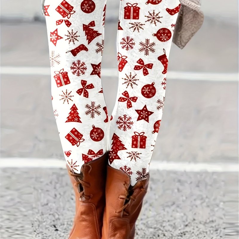 Christmas Print Skinny Leggings, Casual High Waist Every Day Stretchy Leggings, Women's Clothing
