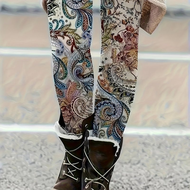 Women's Plus Size Paisley Print Stretchy Leggings - Comfortable & Casual, High-Waist, Machine Washable