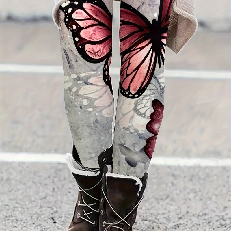 Women's Fashion Butterfly Print Leggings - Casual Style Polyester Blend with Spandex, Comfort Fit Knit Jegging for Spring\u002FSummer\u002FFall, Easy Care Machine Washable