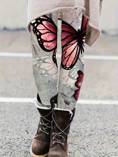 Women's Fashion Butterfly Print Leggings - Casual Style Polyester Blend with Spandex, Comfort Fit Knit Jegging for Spring\u002FSummer\u002FFall, Easy Care Machine Washable