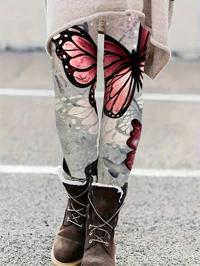 Women's Fashion Butterfly Print Leggings - Casual Style Polyester Blend with Spandex, Comfort Fit Knit Jegging for Spring\u002FSummer\u002FFall, Easy Care Machine Washable