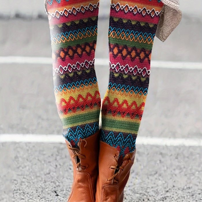 Women's Cozy Fuzzy Lounge Pants For Autumn & Winter - Colorful Geometric Print Warm Leggings With Elastic Waist