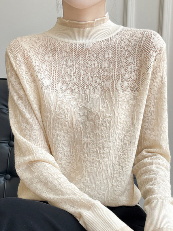Crochet Solid Color Long Sleeves Loose Mock Neck T-Shirts Tops