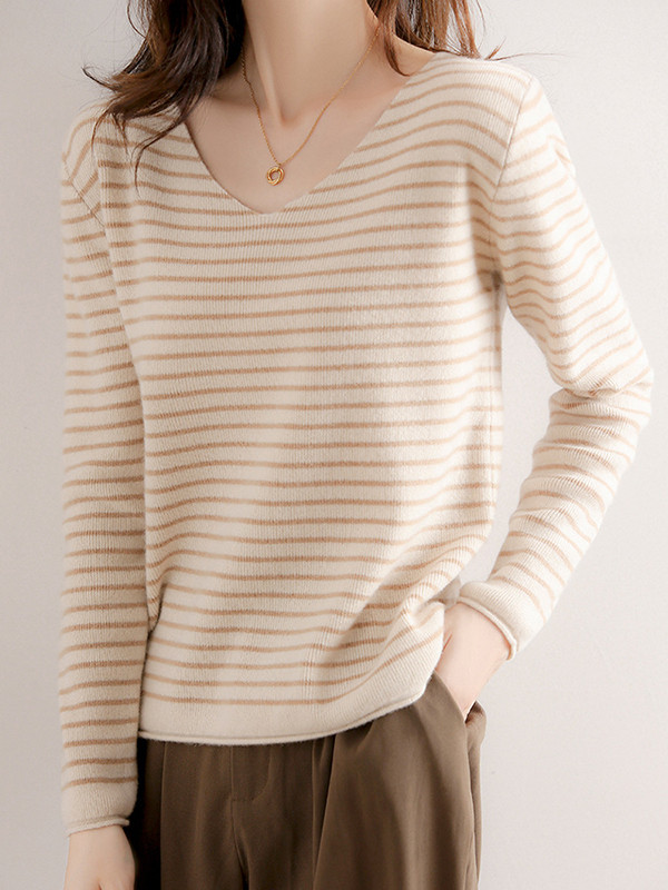 Contrast Color Striped Long Sleeves Loose V-Neck Sweater Tops Pullovers