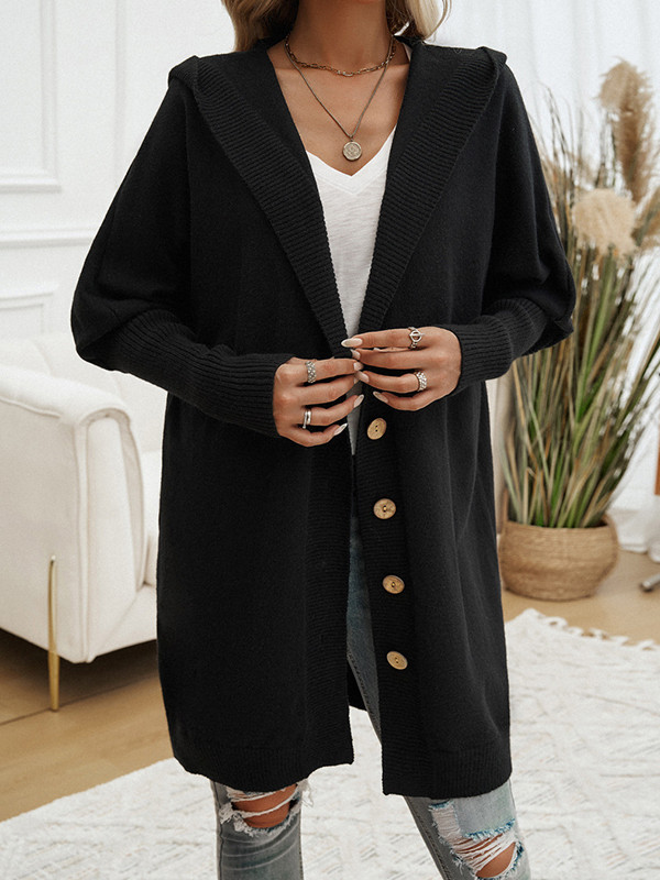 Buttoned Solid Color Batwing Sleeves Hooded Cardigan Tops