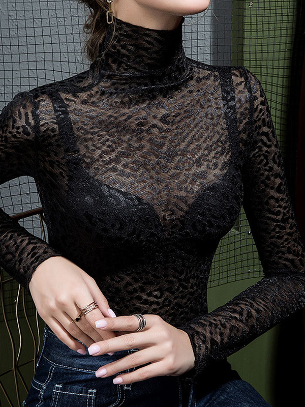 Leopard See-Through Long Sleeves Plus Size High Neck T-Shirts Tops