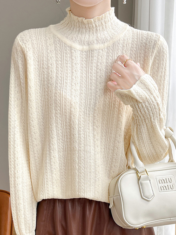 Elasticity Ruffle Trim Solid Color Long Sleeves Loose Mock Neck T-Shirts Tops