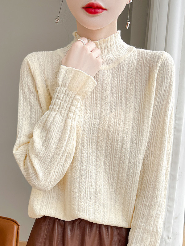 Elasticity Ruffle Trim Solid Color Long Sleeves Loose Mock Neck T-Shirts Tops