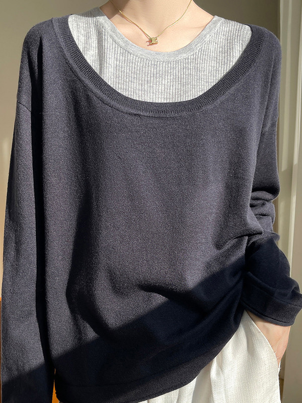 Contrast Color Split-Joint False Two Long Sleeves Cold Shoulder Sweater Tops Pullovers