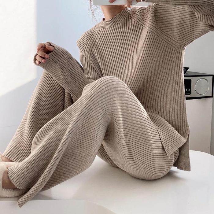 Fashion Ribbing Texture Round Neck Solid Color Two-piece Suit
