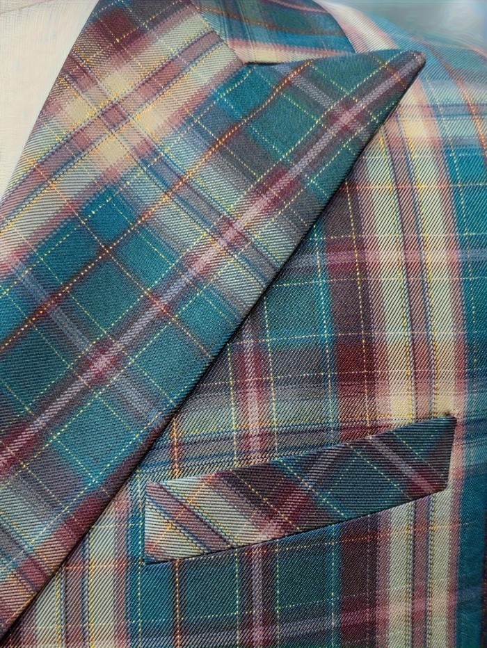 Men's Fashion Double-Breasted Plaid Blazer - Light Business Style Polyester Suit Jacket with Button Details, Spring\u002FAutumn