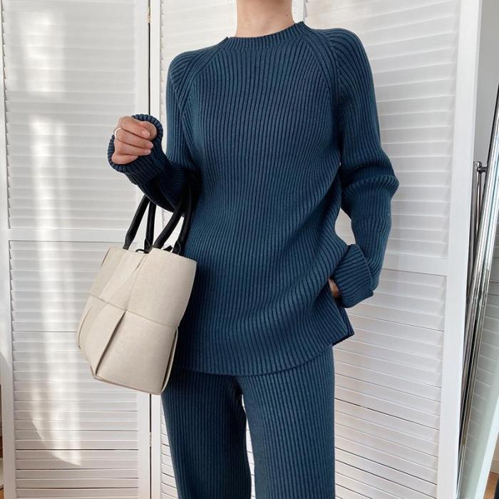 Fashion Ribbing Texture Round Neck Solid Color Two-piece Suit