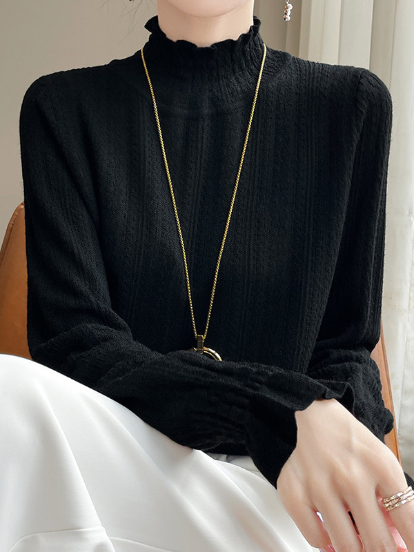 Elasticity Ruffle Trim Solid Color Long Sleeves Loose Mock Neck T-Shirts Tops