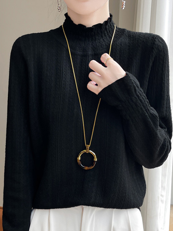 Elasticity Ruffle Trim Solid Color Long Sleeves Loose Mock Neck T-Shirts Tops